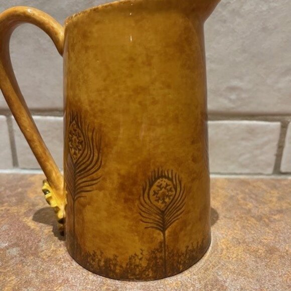 Grasslands Road Vintage Pitcher with Feather Pattern Hand Painted Pottery - Picture 4 of 7